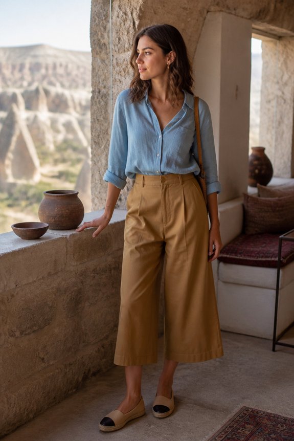 Woman in a light blue blouse and camel wide-leg pants on a terrace with pottery, desert canyon in the background.