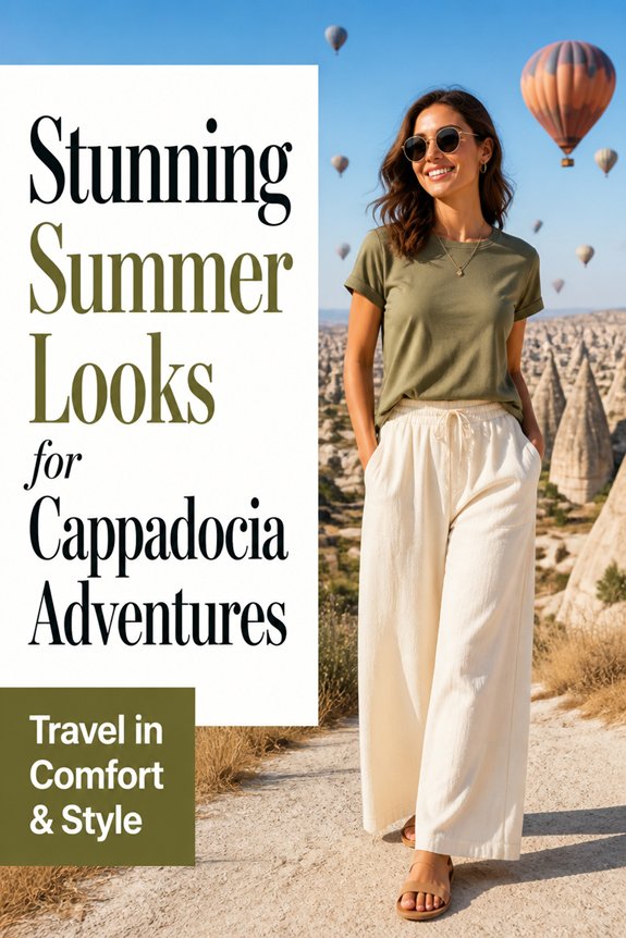 Stylish woman in olive T-shirt and wide-leg pants in Cappadocia with hot air balloons; summer travel style.