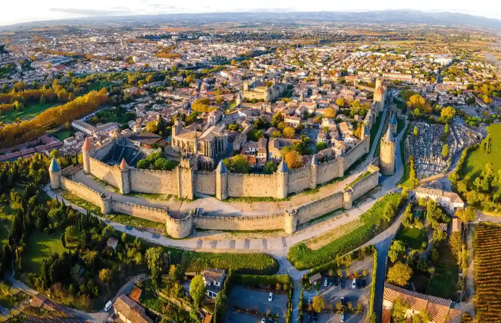 Aerial view of a historic fortress surrounded by a charming town and lush greenery, showcasing medieval architecture.