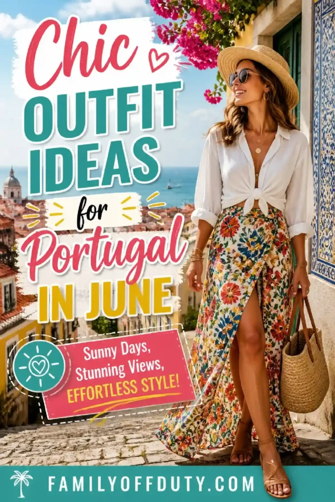 Chic outfit ideas for Portugal in June featuring stylish summer wear and vibrant scenery. Perfect for travel!