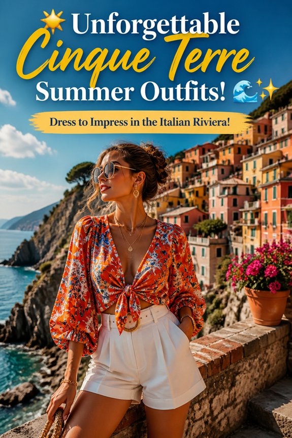 Model in orange floral top and white shorts posing on Cinque Terre coast with colorful hillside houses.