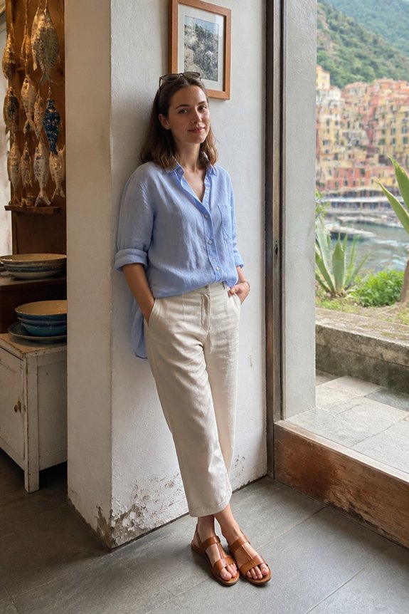 Woman standing indoors by a window overlooking a seaside town, wearing a light blue shirt, beige pants, brown sandals.