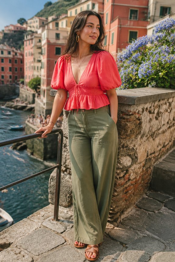 Woman in coral pink peplum blouse and olive wide-leg pants posing on a stone seaside promenade with colorful coastal houses.