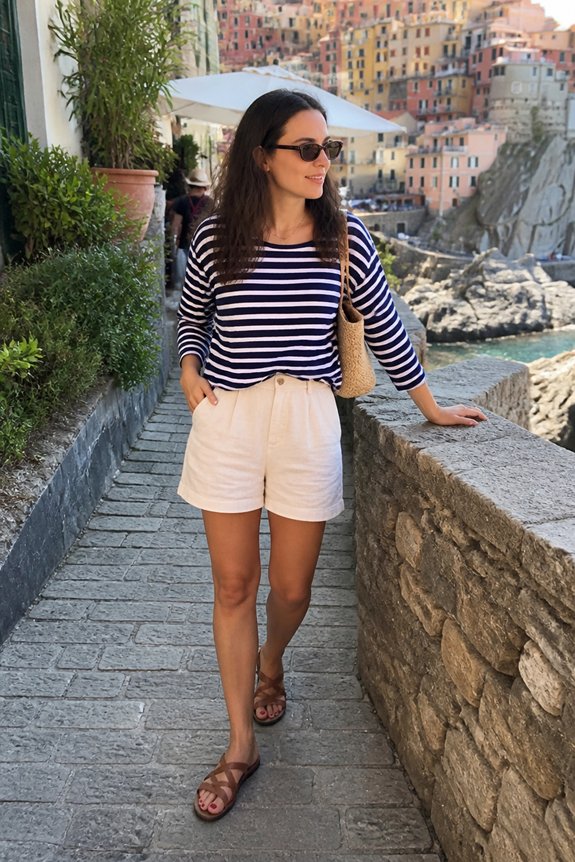 Woman in striped navy top and white shorts, sunglasses on, strolling along a coastal path with colorful cliffside houses.