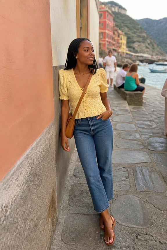 Woman in yellow smocked top and jeans with a brown crossbody bag along a coastal promenade with pastel buildings by the sea.
