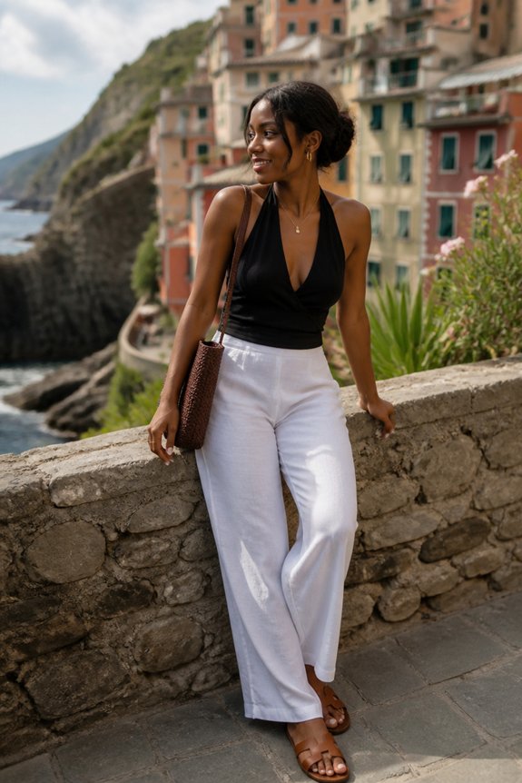 Woman in black halter top and white wide-leg pants posing by a stone wall in a coastal Italian village.
