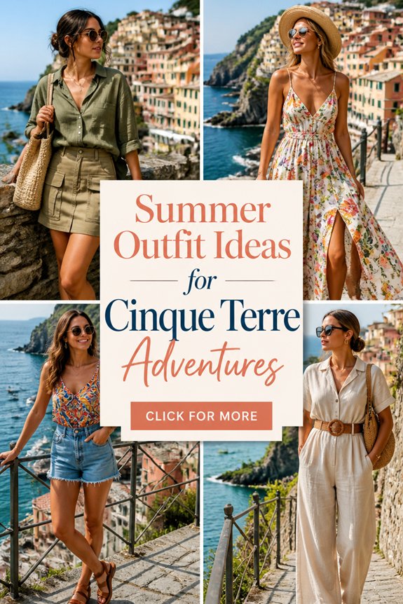 Summer outfit ideas collage: four women in Cinque Terre, Italy, showcasing coastal fashion.
