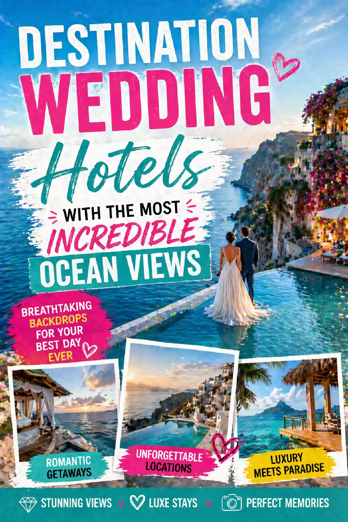 Couple enjoying a destination wedding at a hotel with stunning ocean views, featuring romantic getaways and luxe stays.