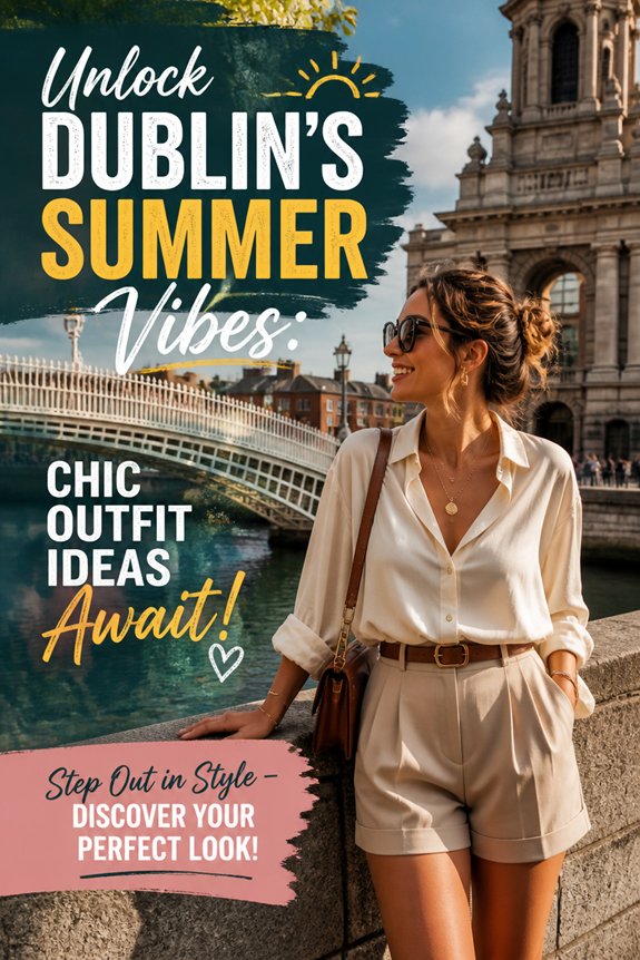 Stylish woman in cream blouse and beige shorts with sunglasses by Dublin bridge, promoting summer vibes and chic outfits.