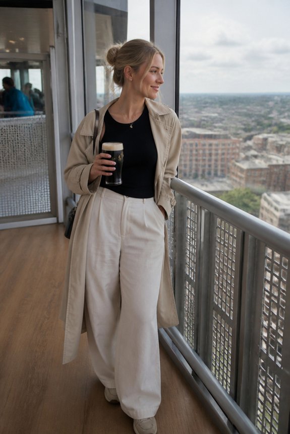 Woman on a balcony holding a beer, wearing a beige trench coat and cream wide-leg pants, city skyline view.