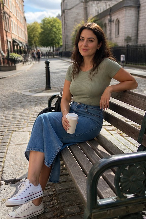 Woman sitting on a bench along a cobblestone city street, holding a coffee cup; wearing a green top, jeans, and white sneakers.