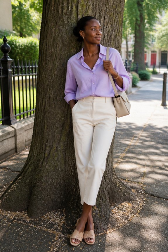 Woman leaning against a tree on a sidewalk, wearing a lavender blouse, cream trousers, beige sandals, with a shoulder bag.