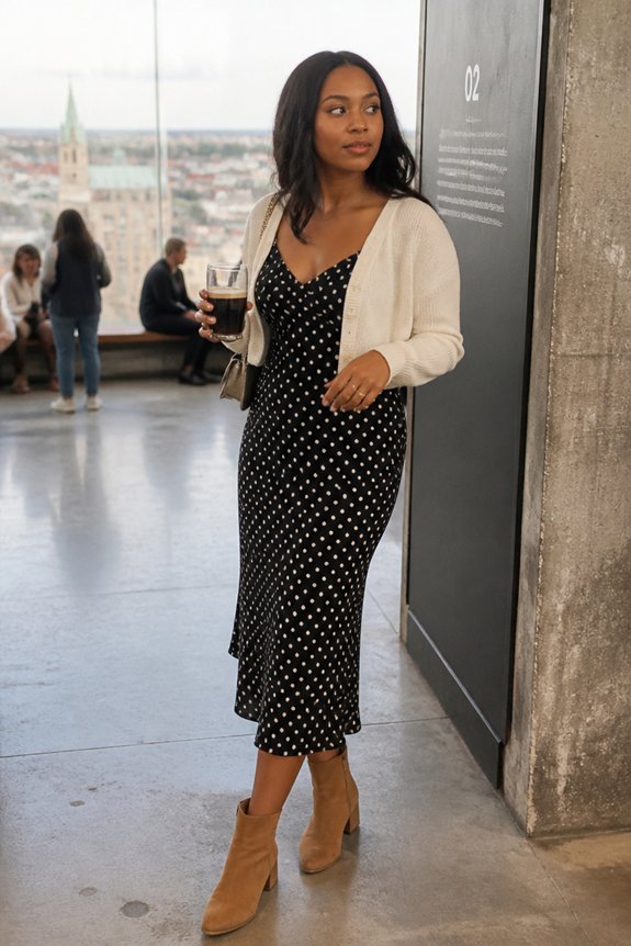 Woman in black polka-dot midi dress, cream cardigan, tan ankle boots, holding a drink in a city-view atrium.