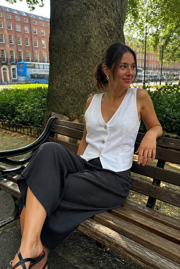 Woman sits on park bench under a tree, wearing a white sleeveless top and black wide-leg pants.
