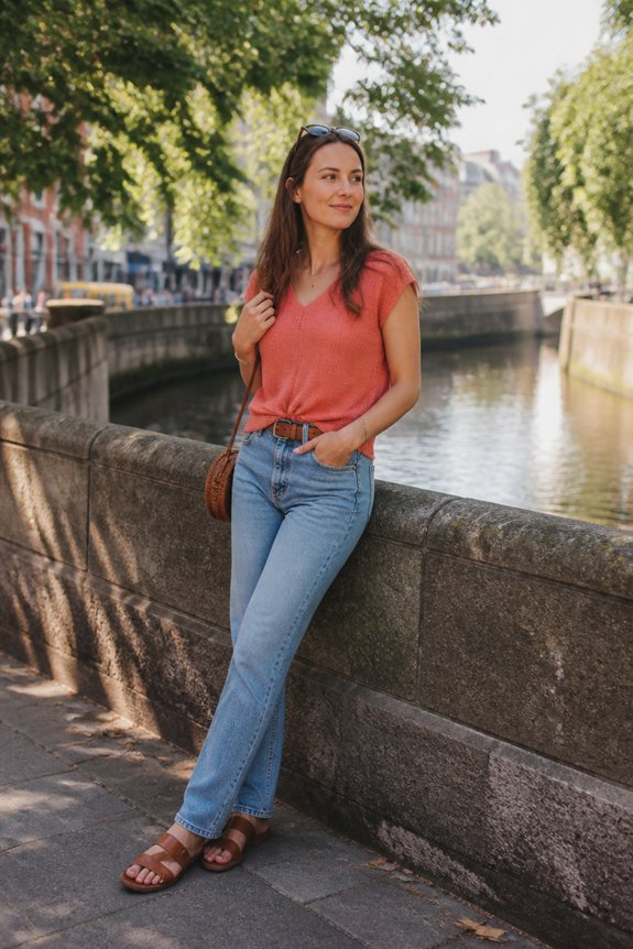 Woman leaning on a canal railing in a sunny city; coral top, blue jeans, brown sandals, sunglasses on head.
