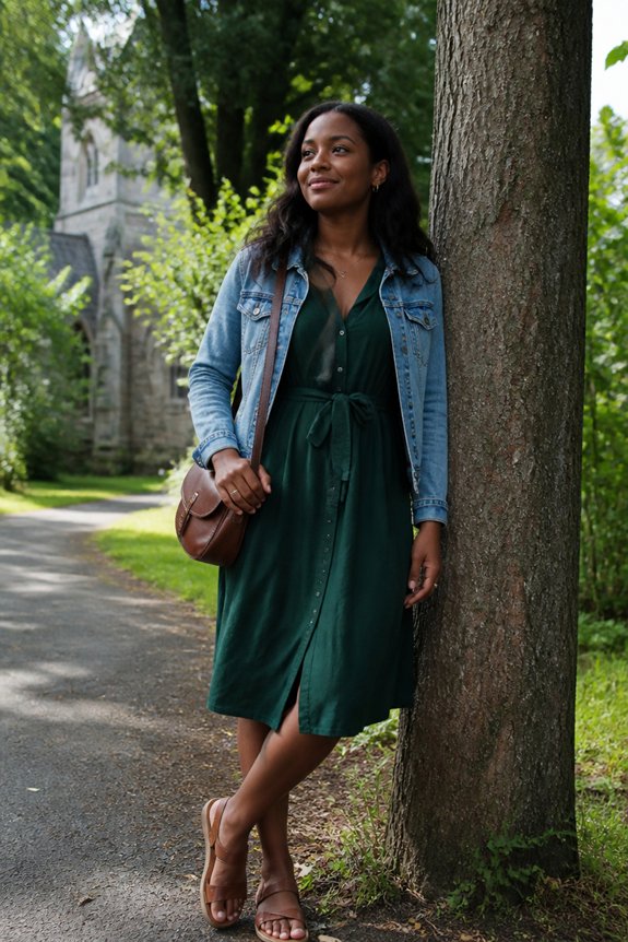 Woman in a green belted dress with a denim jacket and brown bag stands beside a tree on a park path.