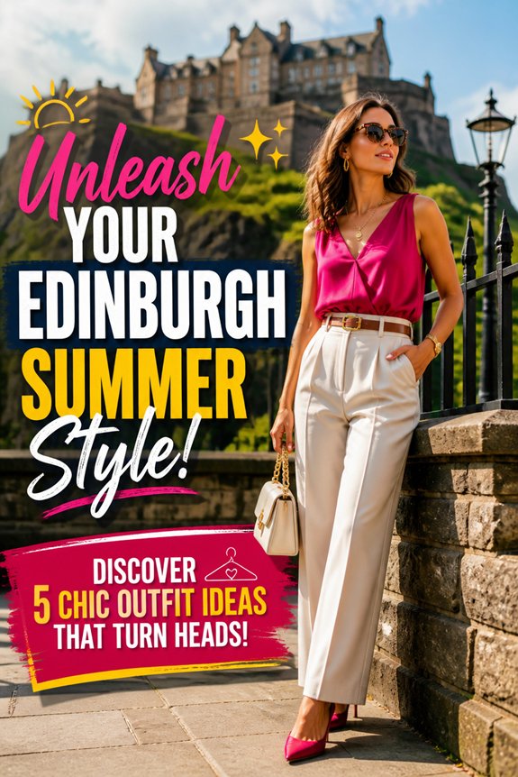 Stylish woman in pink top and white trousers posing by Edinburgh Castle; summer fashion promo with chic outfit ideas.