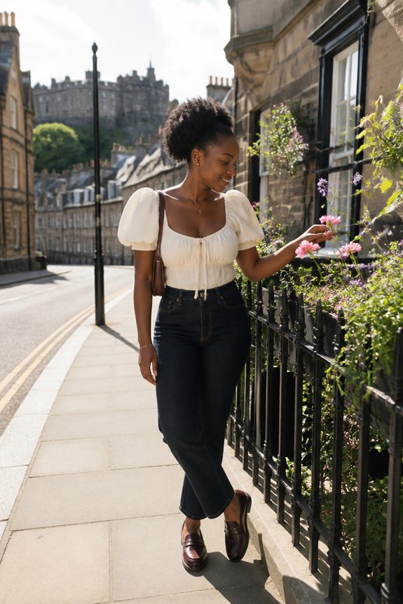 Woman in white puff-sleeve top and dark jeans walks along a historic city street, admiring pink flowers on a railing.