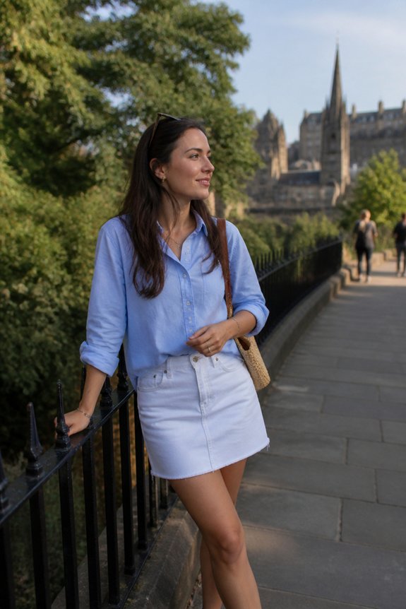 Woman in blue shirt and white skirt stands on a riverside walkway, with a cathedral in the background.