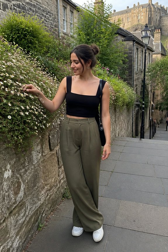 Young woman in a black crop top and olive wide-leg pants stands on a historic stone street, admiring flowering hedges.