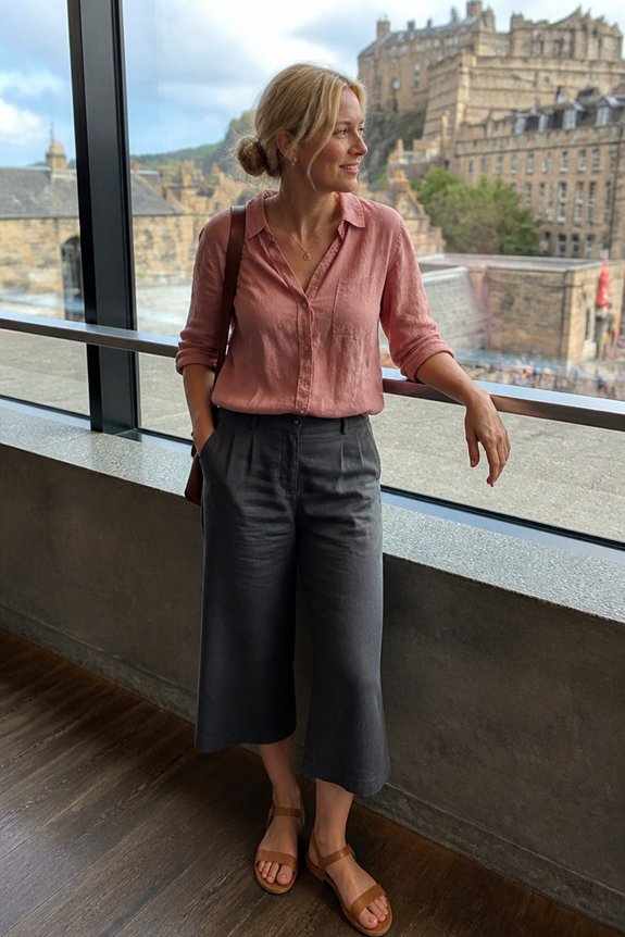 Woman in pink blouse and cropped wide-leg gray pants stands by a window, with a historic castle visible outside.