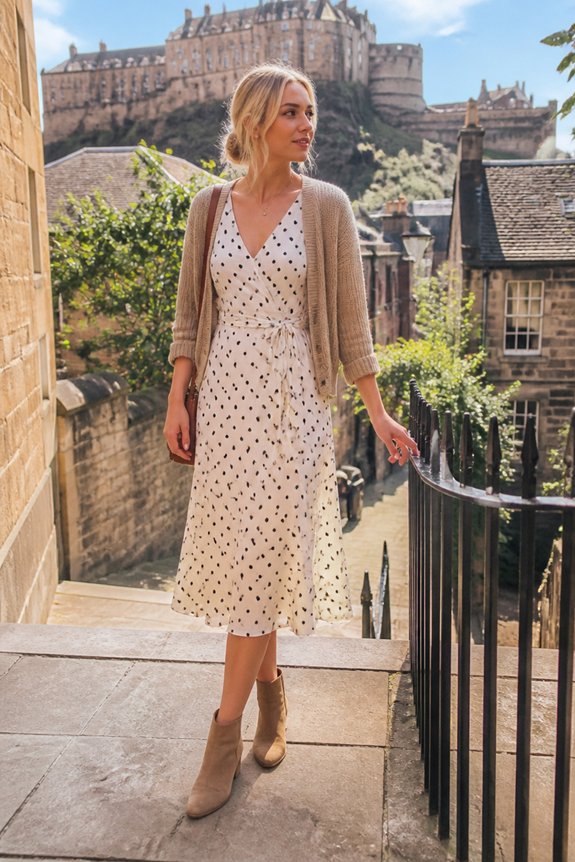 Woman in white polka-dot midi dress with beige cardigan walking on a stone terrace, castle in the background.