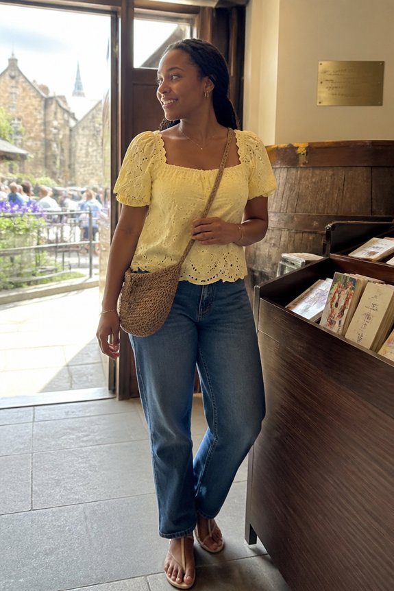 Woman in a yellow puff-sleeve top and jeans with a woven crossbody bag, standing by an open cafe door.