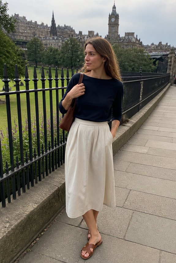 Woman in navy top and beige midi skirt with brown bag stands on a riverside walkway with a historic skyline and clock tower.