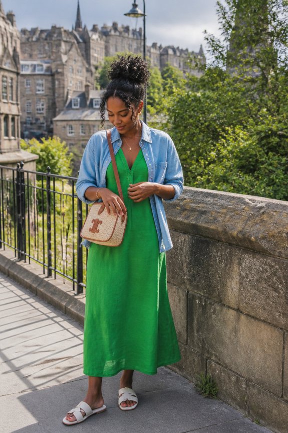 Woman in a green dress with a light denim shirt, carrying a woven crossbody bag on a historic city street.