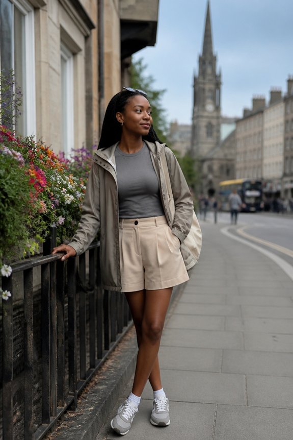Stylish woman in beige shorts and gray top leaning on a railing on a city street with a church spire in the background.