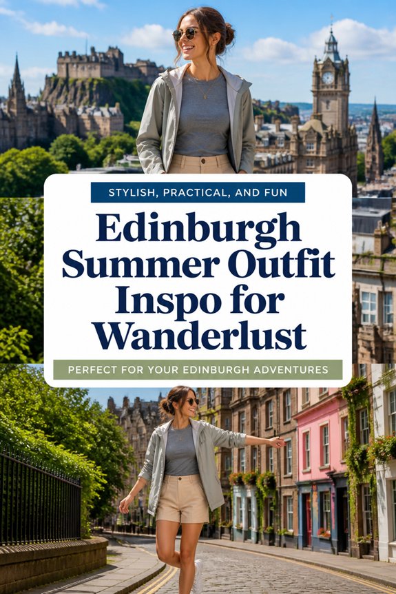 Stylish woman in a light jacket and shorts on Edinburgh cobblestones with castle skyline; Edinburgh Summer Outfit Inspo.