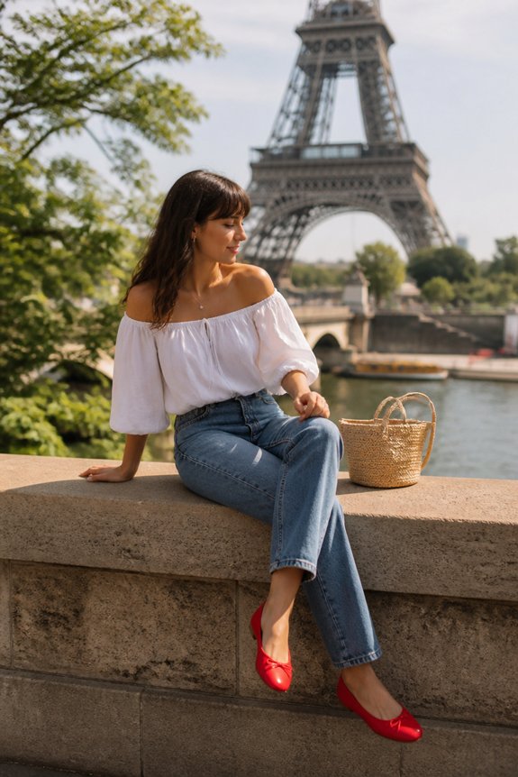 Woman in off-shoulder top and jeans sits on a stone ledge in Paris, Eiffel Tower behind; red flats and a straw bag.