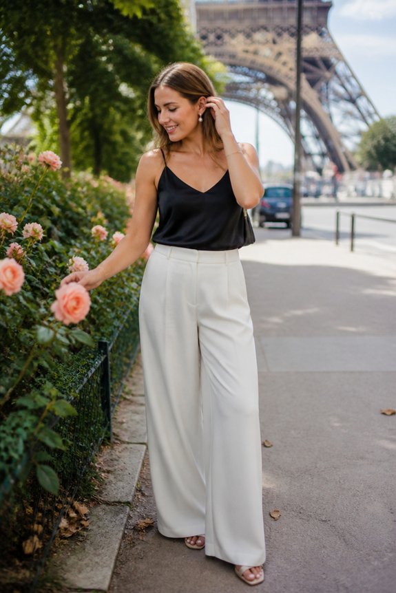 Stylish woman in black satin top and white wide-leg pants posing by roses in Paris with the Eiffel Tower in view.