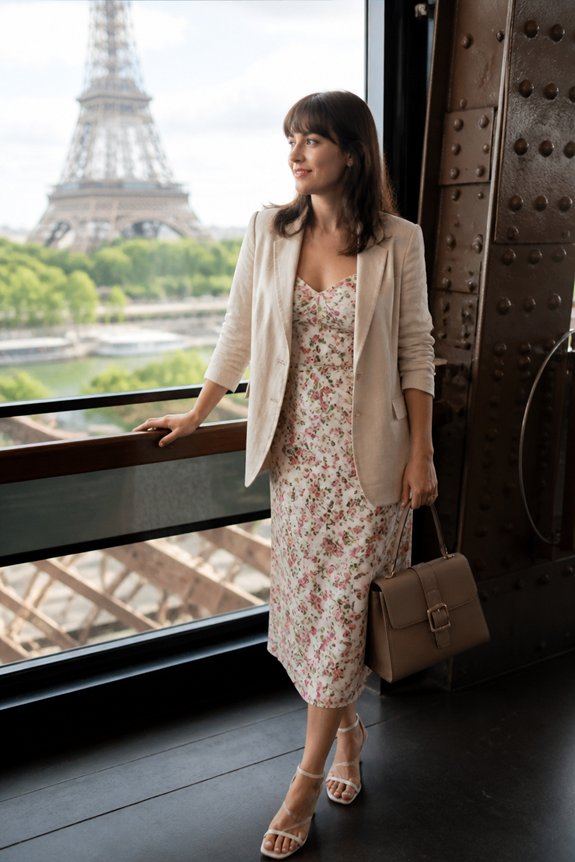 Woman in floral midi dress and beige blazer with brown handbag, standing by a window with Paris' Eiffel Tower view.