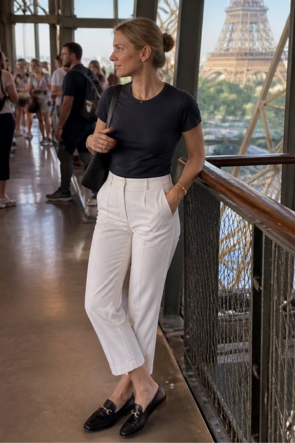 Tourist woman in a black tee and white trousers stands by railing with the Paris Eiffel Tower in the background.