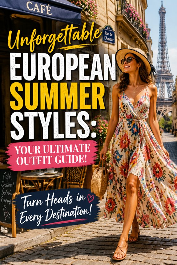 Woman in a floral dress strolling Paris street by the Eiffel Tower; European summer styles outfit guide image.