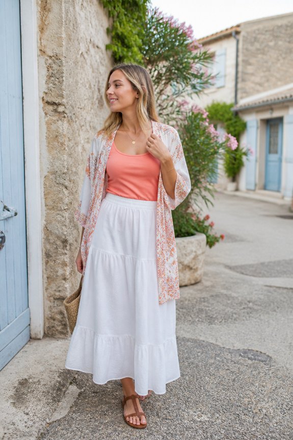 Woman wearing peach top, white tiered skirt, and floral kimono on sunny village street with blue doors.