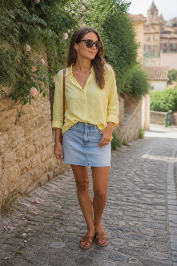 Woman in yellow blouse and denim mini-skirt walks along a cobblestone street in a town, wearing sunglasses.
