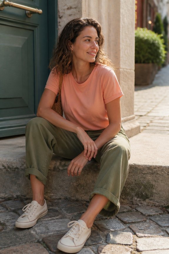 Casual street style: woman sits on stone steps in peach T-shirt, olive pants, white sneakers outdoors.