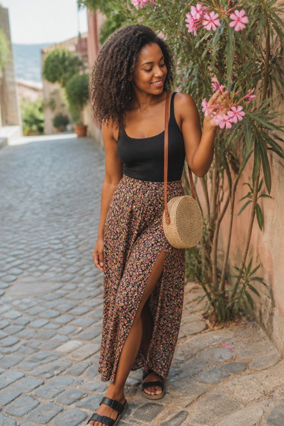 Stylish woman in a black tank top and floral maxi skirt walks cobblestone streets beside pink flowers, carrying a straw bag.