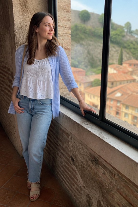 Woman in a light blue cardigan, white top, and jeans stands by a window, overlooking a hillside town.