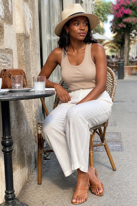 Stylish woman in a beige tank top, white wide-leg pants, and a straw hat seated at an outdoor cafe.