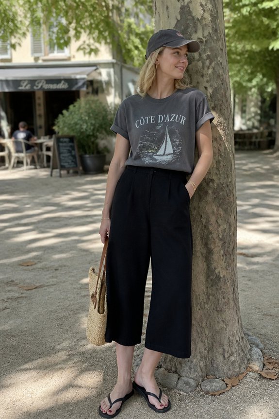 Woman wearing a Côte d'Azur tee and black wide-leg cropped pants, leaning against a tree near an outdoor cafe.