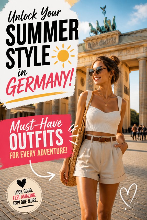 Stylish woman in a white crop top and beige shorts at Brandenburg Gate, Berlin, Germany, promoting summer outfits.