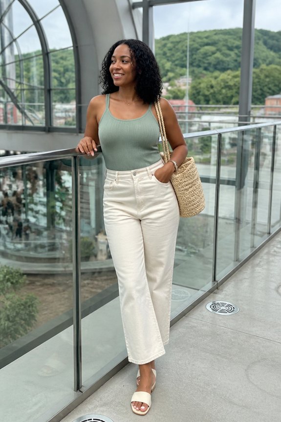 Smiling woman in a sage green tank top and cream wide-leg pants with a straw tote on a glass balcony overlooking hills.