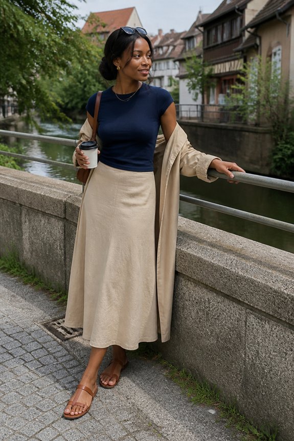 Woman in navy top and beige coat on a stone canal bridge in a European town, holding takeaway coffee.
