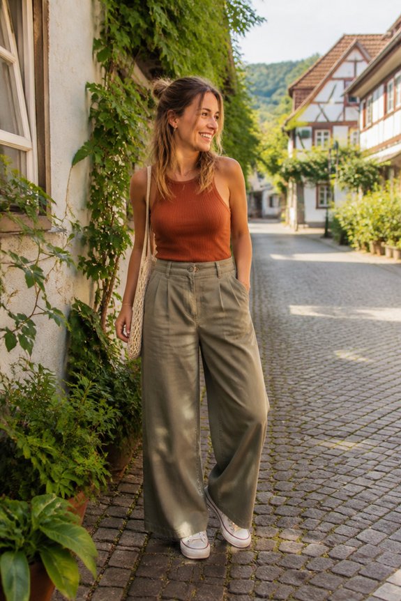 Smiling woman in orange tank top and wide-leg beige pants on a cobblestone European village street with ivy-covered walls.