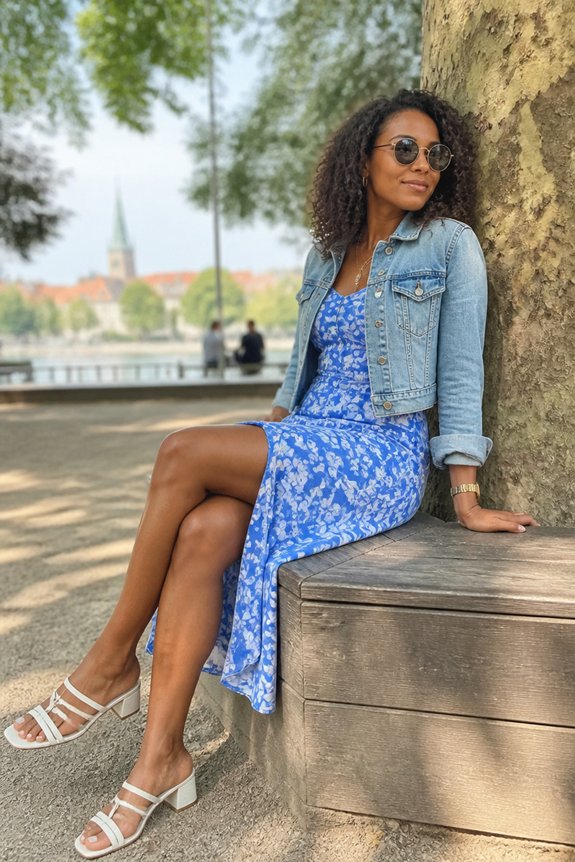 Woman in a blue floral dress with a denim jacket and white sandals sits on a wooden bench by a tree in a sunny park.