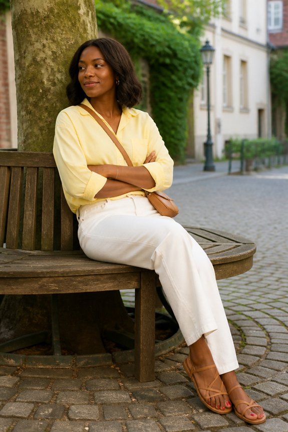 Woman on a wooden bench beside a tree on a cobblestone street, wearing yellow blouse, white pants, and brown sandals.