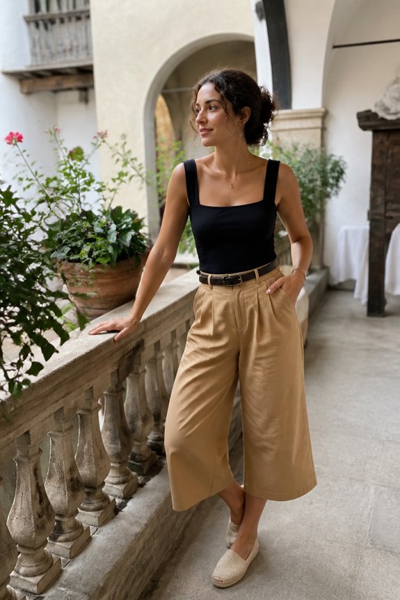 Stylish woman in black tank top and camel culottes on a stone balcony in a Mediterranean courtyard.